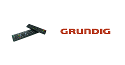 Grundig Fernbedienung Symbolbild mit zwei übereinander liegenden Fernbedienungen und Grundig Logo